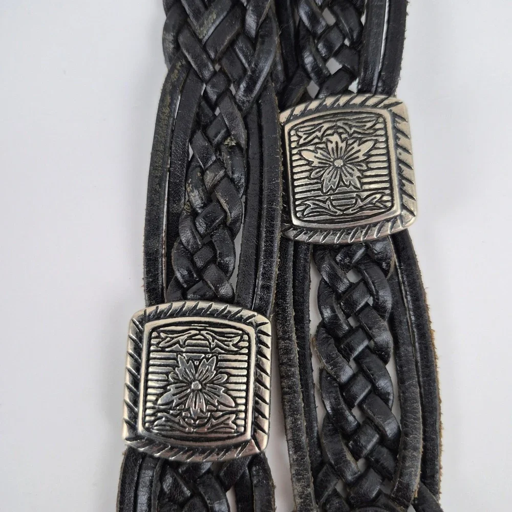 Kids Black Braided Genuine Leather Western Concho Belt Silver Tone Buckle ML